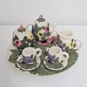 VTG Young's Inc 1995 Pansies Miniature 10 Piece Resin Tea Set Collectible EUC